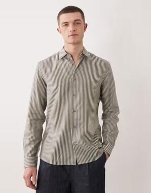 NEW MNG Mango Button Down Shirt Men's Green Striped Long Sleeve Size M
